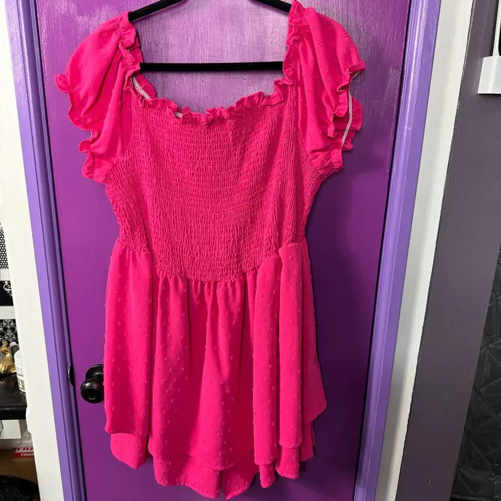 SHEIN Curve 4XL Hot Pink Smocked Babydoll Dress Swiss Dot Ruffle Sleeves